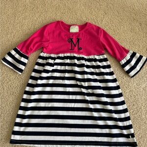 Lolly Wooly Doodle Monogrammed Pink with White and Navy Striped Kids Dress